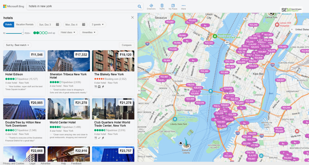 Snapshot showing the hotel suggestions by Bing maps ‘local’