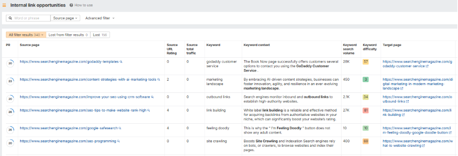 internally link to the target page